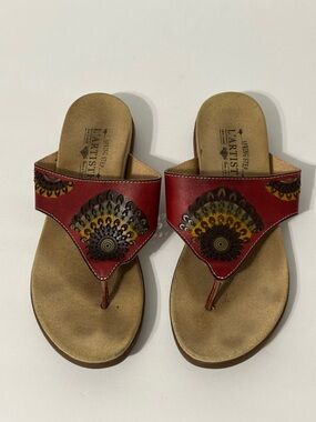 L'Artiste Sandals 7.5 Red Thong Slip On Boho Resort Travel Maximalist Dopamine